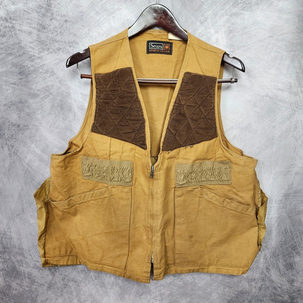 Vintage 70s Sears Duck Canvas Hunting Vest Mens Large Corduroy Game Pouch